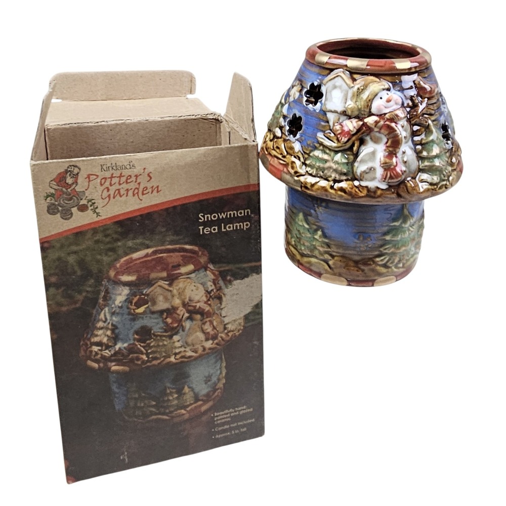 Kirklands Potters Garden Snowman Tea Lamp Hand Painted Glazed Ceramic Christmas